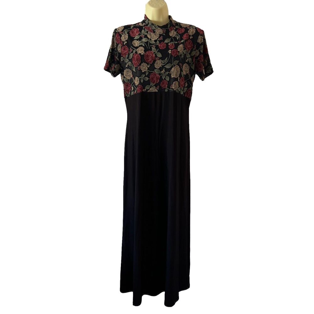 Molly Malloy Black Floral /Solid Maxi Dress Vintage Sz 12 Cottagecore FairyGoth
